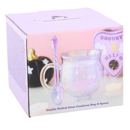 Purple Double Walled Glass Cauldron Mug with Spoon