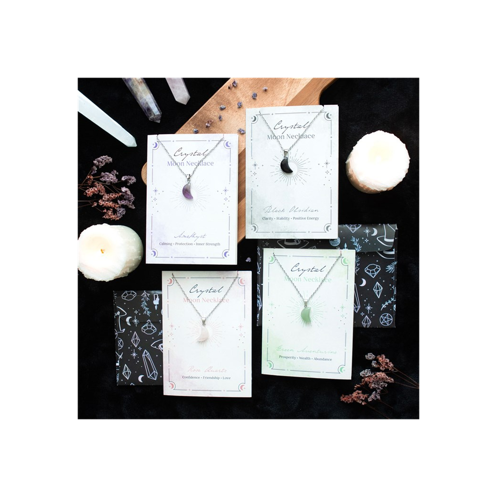Love - Rose Quartz Crystal Moon Necklace on Greeting Card