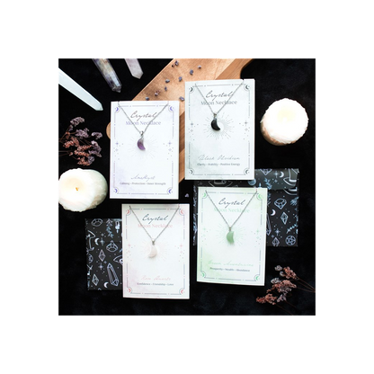 Love - Rose Quartz Crystal Moon Necklace on Greeting Card