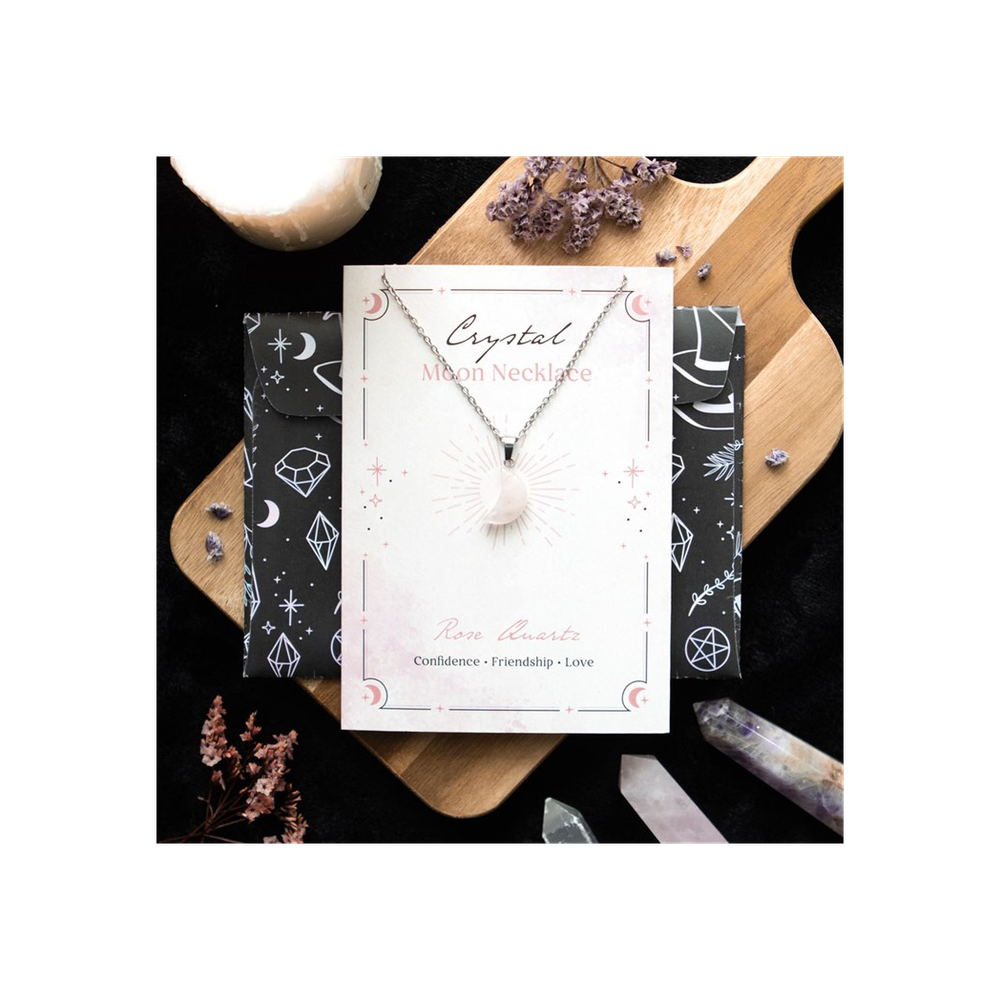 Love - Rose Quartz Crystal Moon Necklace on Greeting Card