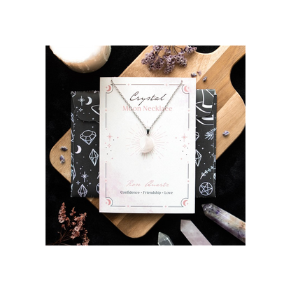 Love - Rose Quartz Crystal Moon Necklace on Greeting Card