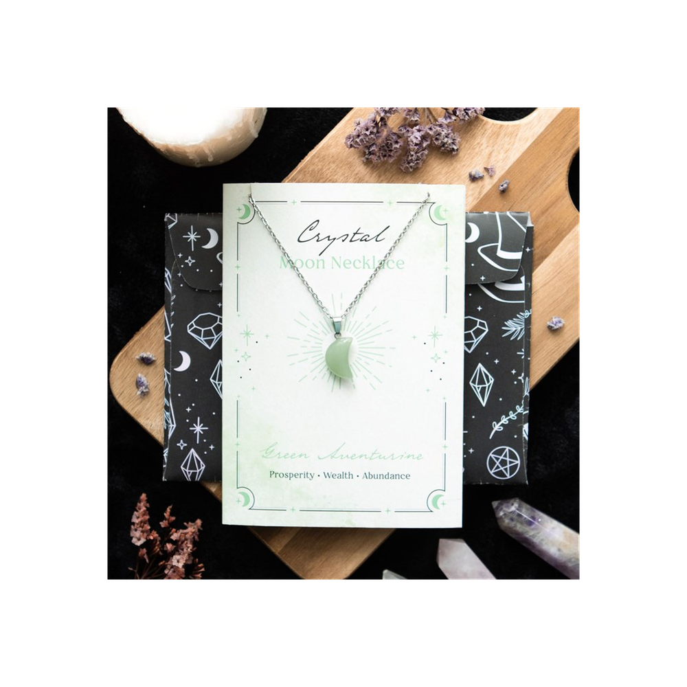 Abundance - Green Aventurine Crystal Moon Necklace on Greeting Card