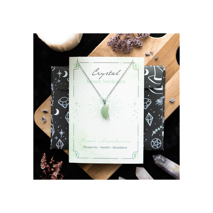 Abundance - Green Aventurine Crystal Moon Necklace on Greeting Card