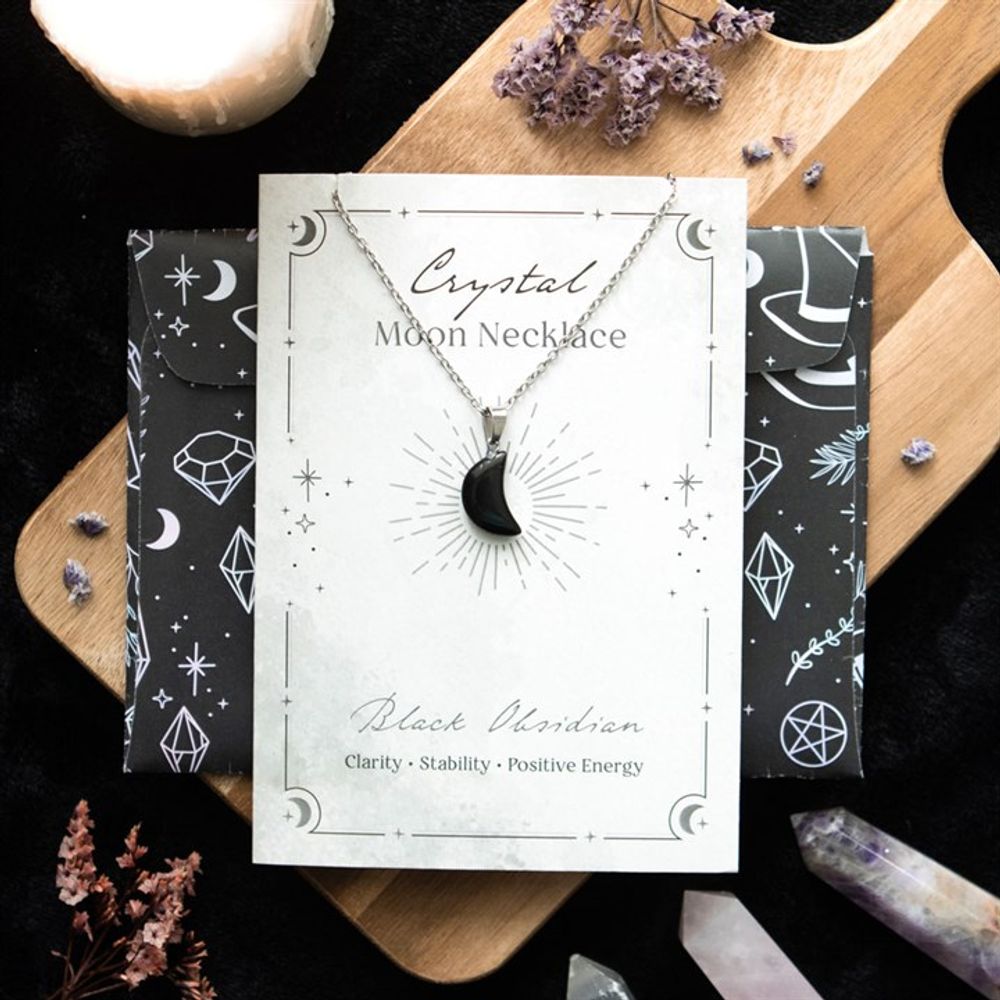 Stability - Black Obsidian Crystal Moon Necklace on Greeting Card